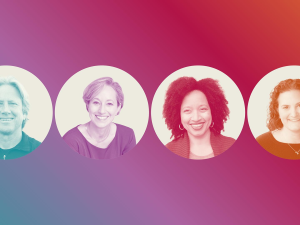 a colorful gradient background with four headshots of Dacher Keltner, Lisa Damour, Allison Briscoe-Smith and Maurissa Horwitz