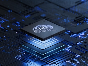 Conceptual illustration of AI chip on circuit board