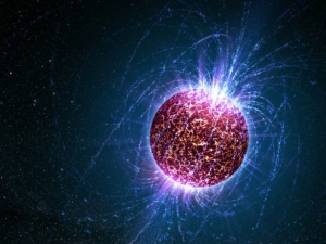 An artist's concept of a highly magnetized neutron star. According to current theory, axions would be created in the hot interior of the neutron star. UC Berkeley astrophysicists say that the strong magnetic field of the star will transform these axions into gamma rays that can be detected from Earth, pinpointing the mass of the axion. Casey Reed, courtesy of Penn State; reproduction is permitted under a Creative Commons Attribution Non-Commercial 3.0 License