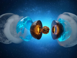 a planet against a blue background is exploded in layered hemispheres resembling clouds, an ocean, an amber layer and a core