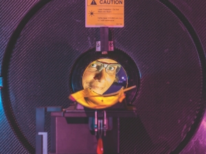 Professor Rebecca Abergel peers through a positron emission tomography (PET) scanner at Berkeley Lab.