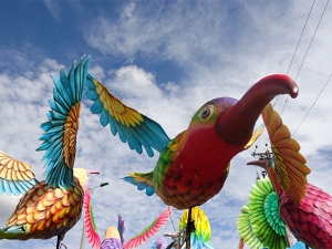 A float showing hummingbirds native to Pasto, a city in southern Colombia, on display during the Great Parade of the city’s "Festival of Negros y Blancos.” The festival tells the story of Colombia, Indigenous traditions, slavery, and independence, and dates back to the celebrations that Indigenous peoples in this region held to give thanks for the harvests. The Great Parade features floats that depict ancestral figures, myths and legends, and local biodiversity. Photo by Maria Angelica Guerrero Quintana.