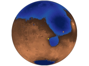 Mars depicted as a brown and blue orb