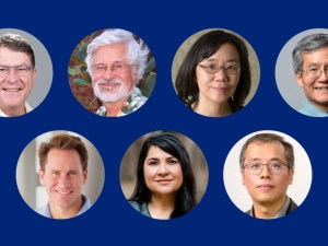 headshots of 7 people in circles against a dark blue background