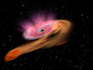 an orange star is stretched out to loop around a dark oval at the center of a pink swirling mass