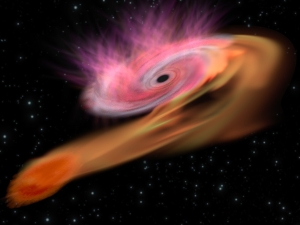 an orange star is stretched out to loop around a dark oval at the center of a pink swirling mass