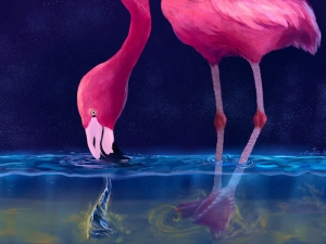painting of a bright pink flamingo against a deep blue background, standing in water and creating little tornados