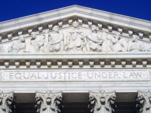 The pediment and frieze of the U.S. Supreme Court building, bearing the inscription: Equal Justice Under Law