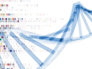 rendering of a blue dna helix with color blocks behind it