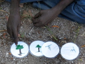 hand pointing to 4 circular discs with tree, and partial trees designs