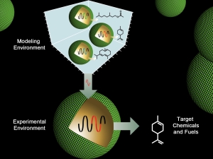 technical illustration  of green circular orbs with changes in wave frequencies. Text reads "Modeling Environment", "Experimental Environment" and "Target Chemicals and Fuels". 