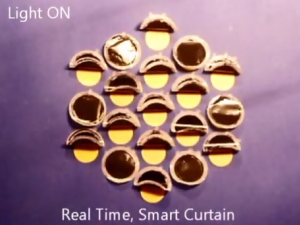 circular shapes that are illustrating “curtains” that are engineered to either open or close in response to light. 