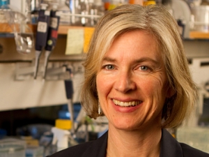 Jennifer Doudna with lab equipment in background