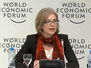 Jennifer Doudna in front of World Economic Forum signage