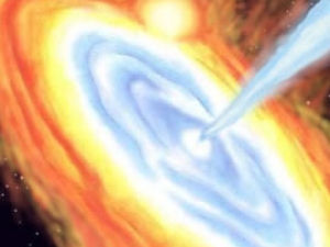graphic of galaxy with blue rays shooting out of front and yellow rays shooting out of back
