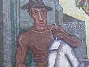 portion of mosaic with man holding a white parcel