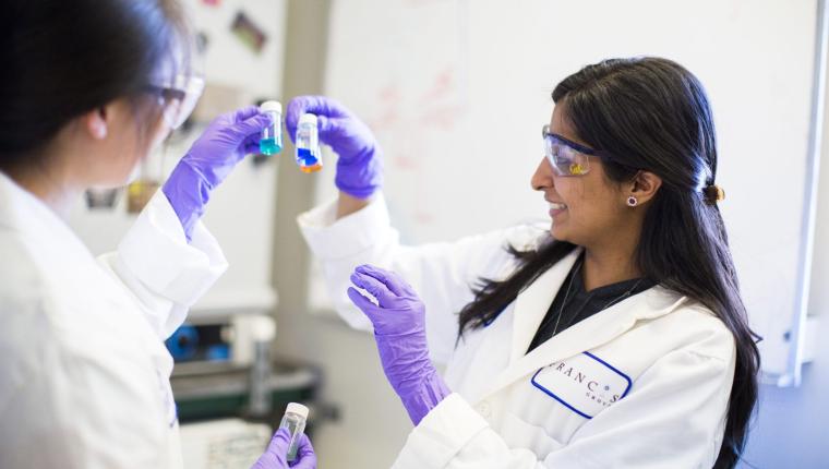 Two people in a lab looking at liquids in tubes